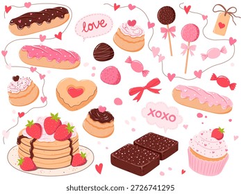 Valentine’s Day Cute Desserts and Sweets. Vector Flat Illustration Set