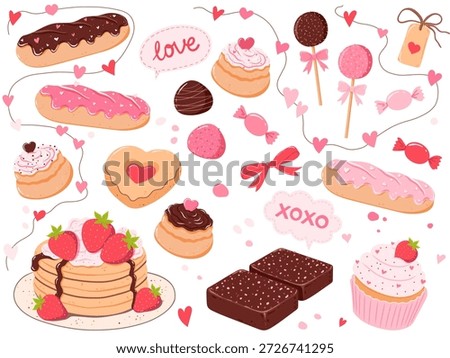 Valentine’s Day Cute Desserts and Sweets. Vector Flat Illustration Set
