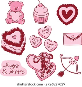 Día de San Valentín lindo conjunto de pegatinas con corazones rosados, oso de peluche, dulces, notas de amor e iconos románticos