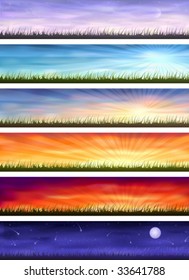 Day cycle - set of six colorful banners showing same landscape at different times of the day (other images from this series are in my gallery)