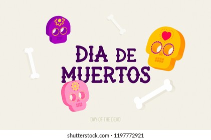 Day of the Dead 3D creative background design. colorful bright skulls with ornaments. Dia de Muertos text. 