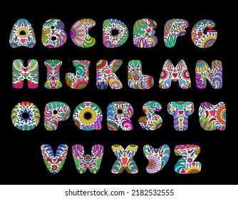 Day of the Dead alphabet. Dia de los muertos font. Day of the dead and mexican Halloween abc. Mexican tradition festival. Day of the dead sugar skull font. Dia de los Muertos text, letters.