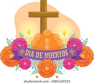 Day of the dead, altar with bread of the dead, marigolds, candles and cross. Mexican Tradition