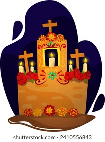 Día del altar Muerto con velas, cruz y flores. Símbolo tradicional de celebración del Día de los Muertos. Cultura mexicana y ilustración vectorial con temática navideña de noviembre.