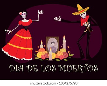 day of the dead, altar with catrina skeleton photo candles and flowers, mexican celebration vector illustration