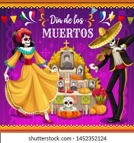 Day of the Dead altar with dancing skeletons vector design of Dia de los Muertos Mexican holiday. Catrina and mariachi skeletons with festival sombrero, costume and dress, tombstone and sugar skulls