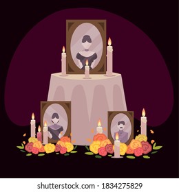 day of the dead, altar with frame photos flowers and candles mexican celebration vector illustration