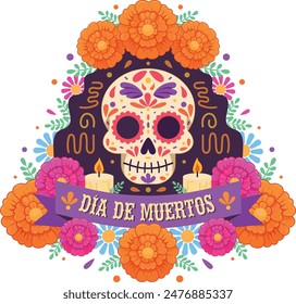 Day of the dead, altar with marigolds, candles and painted skull Mexico