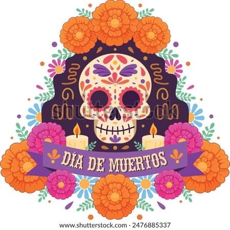 Day of the dead, altar with marigolds, candles and painted skull Mexico