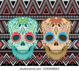 Day of the Dead altar with sugar skulls, Mexican Day of the Dead vector design. Stone stone, decorated with skulls in sombreros, maracas and gold flowers, candles, sweet bread