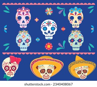 Day of the Dead altar with sugar skulls, Mexican Day of the Dead vector design. Stone stone, decorated with skulls in sombreros, maracas and gold flowers, candles, sweet bread