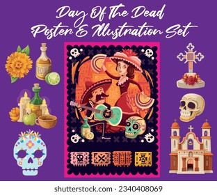 Day of the Dead altar with sugar skulls, Mexican Day of the Dead vector design. Stone stone, decorated with skulls in sombreros, maracas and gold flowers, candles, sweet bread