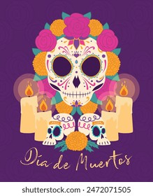 Day of the dead, altar with sugar skulls, candles and marigold flowers