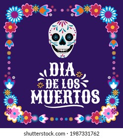 Day of the dead background. Dia de los muertos mexican holiday template for flyer, poster, banner, greeting card. Colorful flat style vector illustration. Skull and flowers typography card.