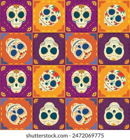 Day of the dead background, pattern with decorated skulls from Mexico