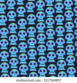 Day of the dead background. Skull pattern illustration on black background. Spooky skeleton template.