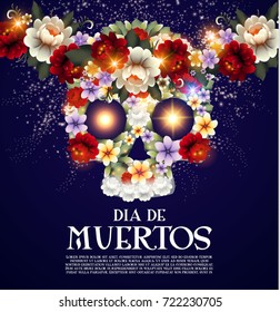 Day of the Dead Background with Traditional Mexican Scull with Flowers and Light Effects. Dia de los Muertos.Vector illustration
