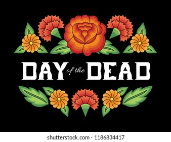 Day Of The Dead Background Vector. Flowers Mexican Folk Pattern With Traditional Tehuana Huipil Embroidery Ornament. Vintage Floral Illustration For Fiesta Party Banner, Mexico Poster, Greeting Card.