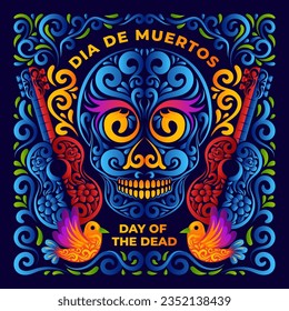 Day of the dead badge, or sticker, Dia de los Muertos decorative background