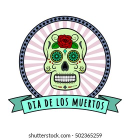 Day of the dead badge, sugar skull with red rose