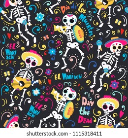 Day Of The Dead. Band Of Mariachi Skeletons. Colored Vector Seamless Pattern