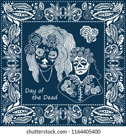 Day of the Dead bandana. Blue and white scarf with floral frame, Canrina faces and roses. Design inspired by Mexican art.