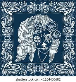 Day of the Dead bandana. Blue and white scarf with floral frame and Canrina painted face. Design inspired by Mexican art.