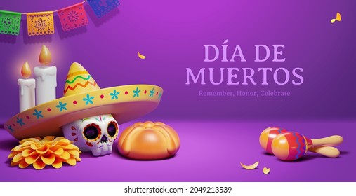 Day Of The Dead Banner. 3d Illustration Of Dia De Muertos Card With A Sugar Skull, Burning Candles, Flowers, Food, Shaker And Flags On Purple Background