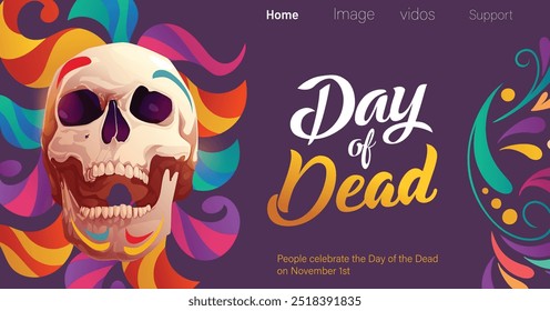 Dia da bandeira morta. Ilustração 3d do cartão Día de Muertos com um crânio