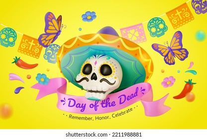 Day of the Dead banner. 3D rendering sugar skulls with hat floating in the air with butterflies, chilli peppers, colorful splashes and papel picado on yellow background