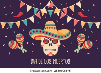 Day of the Dead banner. Cinco de Mayo poster with sugar skulls, flags and maracas. Illustration.