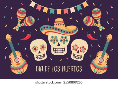 Day of the Dead banner. Cinco de Mayo poster with sugar skulls, guitars, flags and maracas. Illustration.