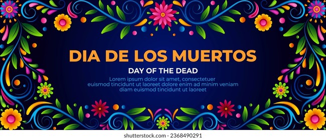 Banner del día de los muertos con coloridas flores mexicanas en la frontera