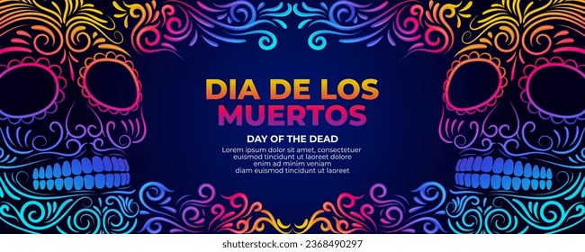 Day of the dead banner with colorful Sugar skull and Mexican flowers border