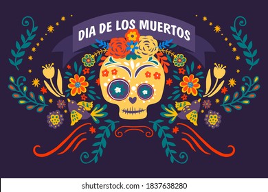 Day of the dead banner with decorative flora and foliage. Dia de los muertos, celebration of traditional mexican holiday. Skulls ornate with botany, flowers and leafage, vector in flat style