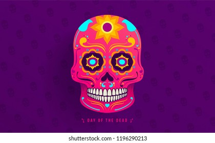 Day of Dead banner design with colorful ornaments on skull. bright neon colors on dark purple background. place for text. Vector Eps10 illustration.