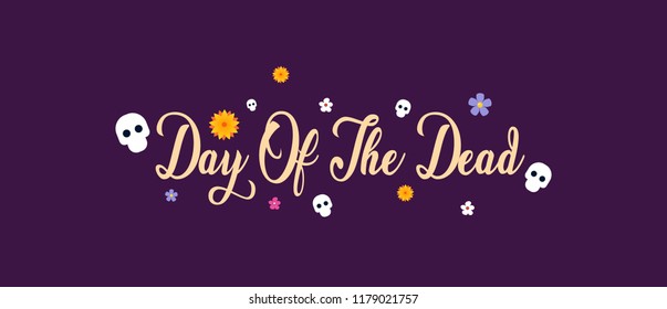 Day of the Dead banner design and illustration with mini sugar skulls and flower. 