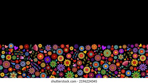 Day of the Dead  banner. Dia de los muertos border.Day of the dead and mexican Halloween background. Mexican tradition festival. Day of the dead sugar Floral ornament. Doodle flowers on dark