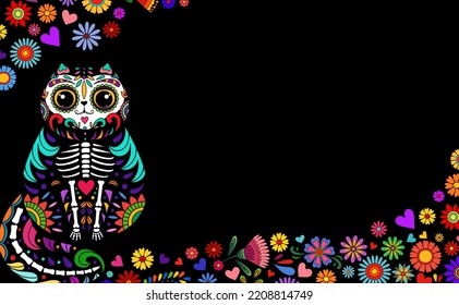 Day of the Dead banner. Dia de los muertos border. Day of the dead and mexican dead cat. Halloween background. Mexican tradition festival. Day of the dead sugar skull cat.