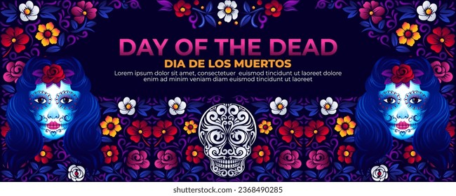 Day of the dead banner . Dia de los moertos  La catrina calavera with mexican folk art  design