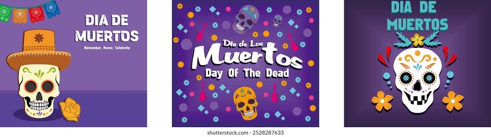 Dia da Bandeira Morta. Inscrição Day of the Dead em espanhol. Cartaz Dia de los muertos. Definir ilustração moderna de vetor plano 