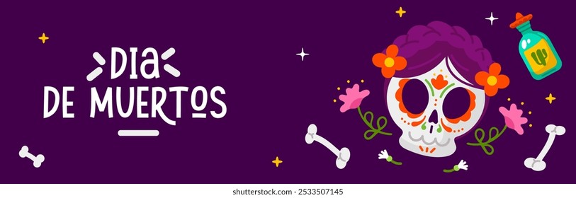 Banner Dia dos Mortos com crânio e flores, ilustração vetorial.