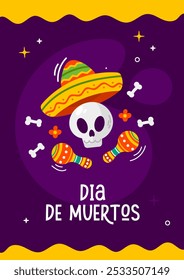 Dia da Bandeira morta com crânio em sombrero e maracas. Ilustração vetorial