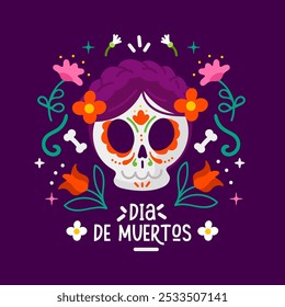 Banner Dia dos Mortos com crânio de açúcar e flores. Ilustração vetorial.