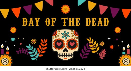 Day of the Dead banner with sugar skull, flowers, candles on black background. Mexican Dia de los Muertos celebration and cultural event. Vector.