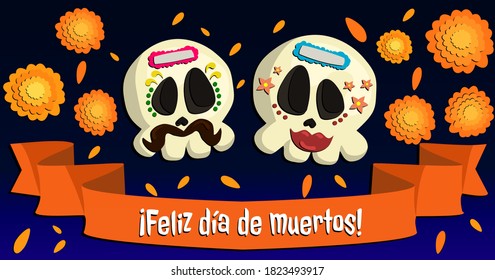 Day of the dead banner, sugar skulls, mexican holiday with ribbon and flowers decoration. Male and Female decorated cranium. 