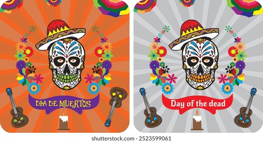 Day of the dead banner vector. day of the dead mexican and spanish holiday poster. hats, guitar, candles, flowers, skull, skeleton, leaves, bright, colour, birds. happy day of the dead holiday vector.