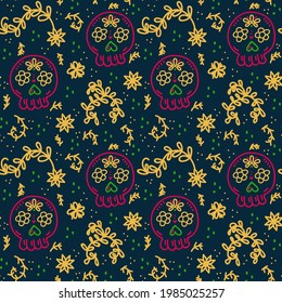 Day of the Dead beautiful background. A pattern with a skull on a dark background for textiles. Vector children's doodle with bones. Vector illustration