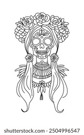 Day of the Dead beautiful sugar skull woman icon in outline style. Dia de los muertos. Young lady with flowers in hair and makeup in Halloween style