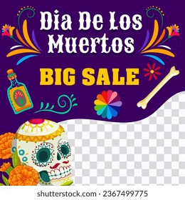 Day of the Dead big sale banner template, Dia De Los Muertos mexican holiday sugar skull and marigolds. Mexico Halloween special offer web post vector layout, cartoon calavera skull, tequila and bones